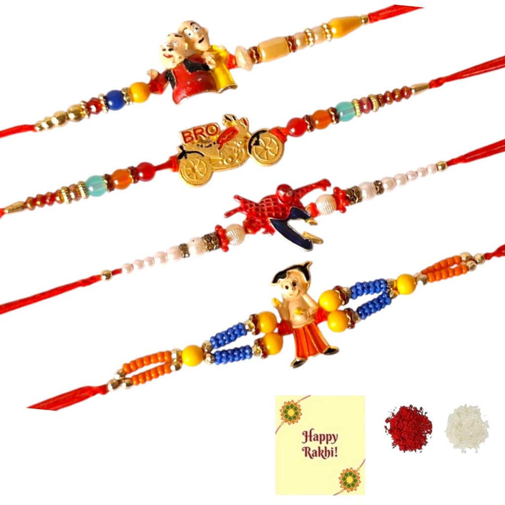 DMS RETAIL Set Of 4 Different Character Cartoon Rakhi For Kids With Roli Tilak With Greetings Card