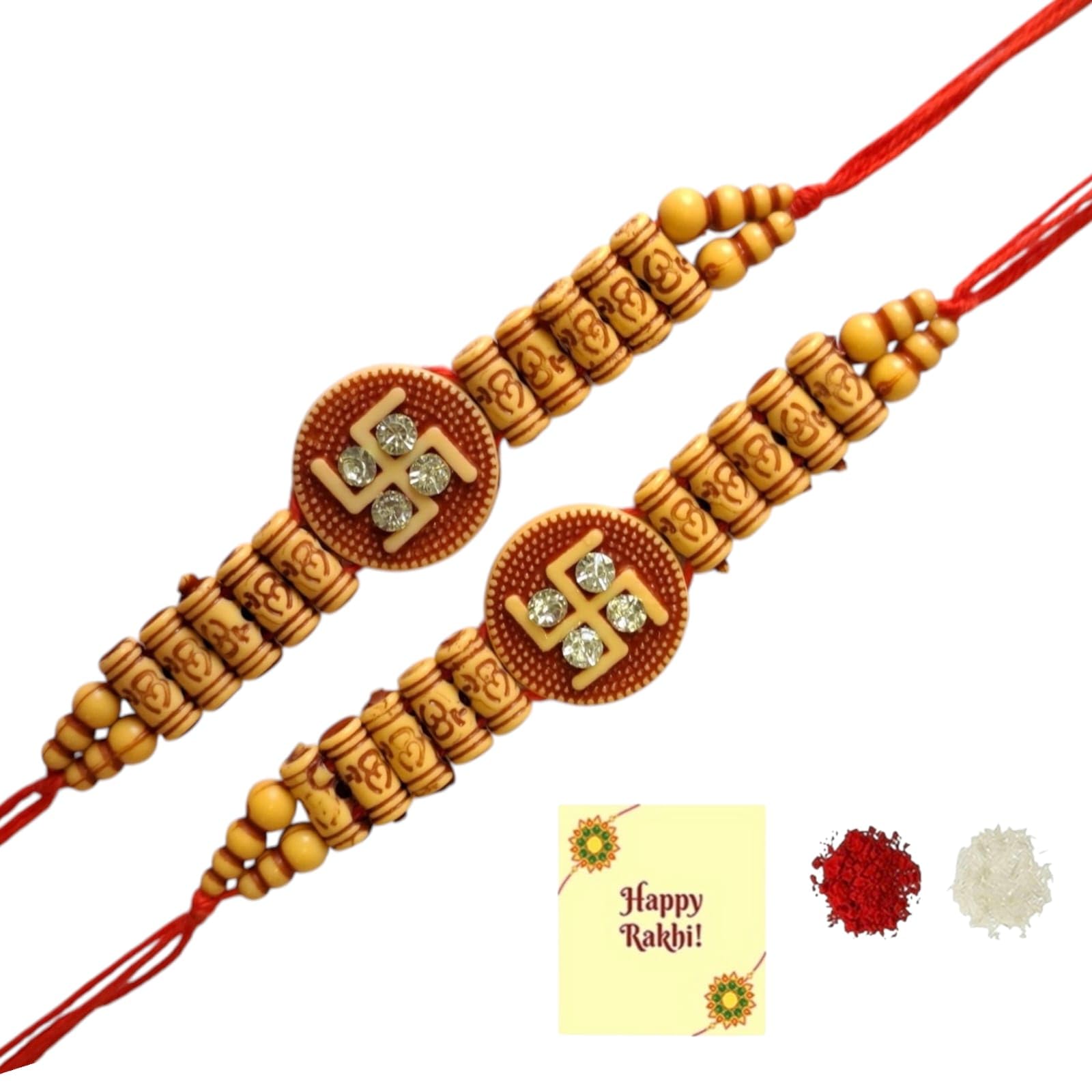 DMS RETAIL Combo Set of 2 Swastik Rakhi with Golden Pooja thali and Roli for Bro/Brother/Bhaiya/Bhai/Rakshabandhan Traditonal Rakhi Thali Combo (SWASTIKRAKHI-3HOLDERTHALI)