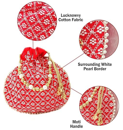 DMS RETAILHandmade Embroidery Beads & Thread Work Potli | Silk Embroidered Women Wristlet Bag | Wallet Clutch Bag | Thread Work Purse | Batwa Bags for Return Gifts | Drawstring Potli