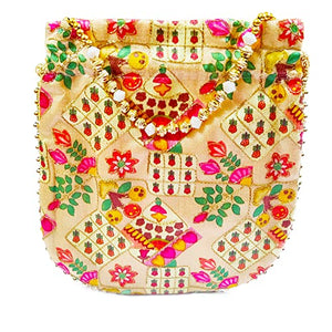 DMS RETAIL Potli Bags for Women Evening Bag Clutch Ethnic Bride Purse with Drawstring Potli Bag for Wedding (Golden)
