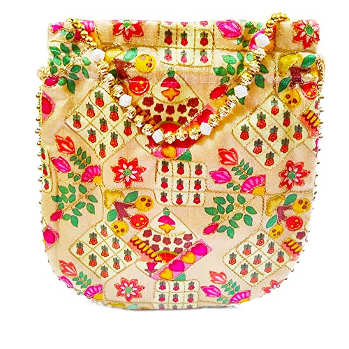 DMS RETAIL Potli Bags for Women Evening Bag Clutch Ethnic Bride Purse with Drawstring Potli Bag for Wedding (Golden)
