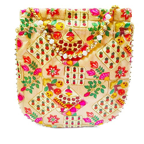 DMS RETAIL Potli Bags for Women Evening Bag Clutch Ethnic Bride Purse with Drawstring Potli Bag for Wedding (Golden)