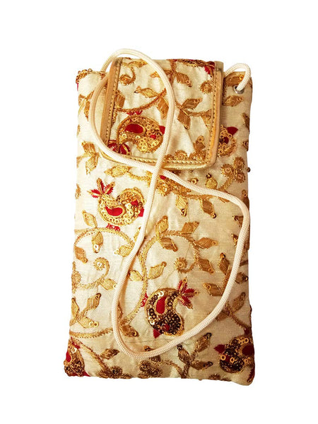 DMS RETAIL Golden Ethnic Pattern Embroidered Mobile Pouch for Women with Waist Clip and Belt