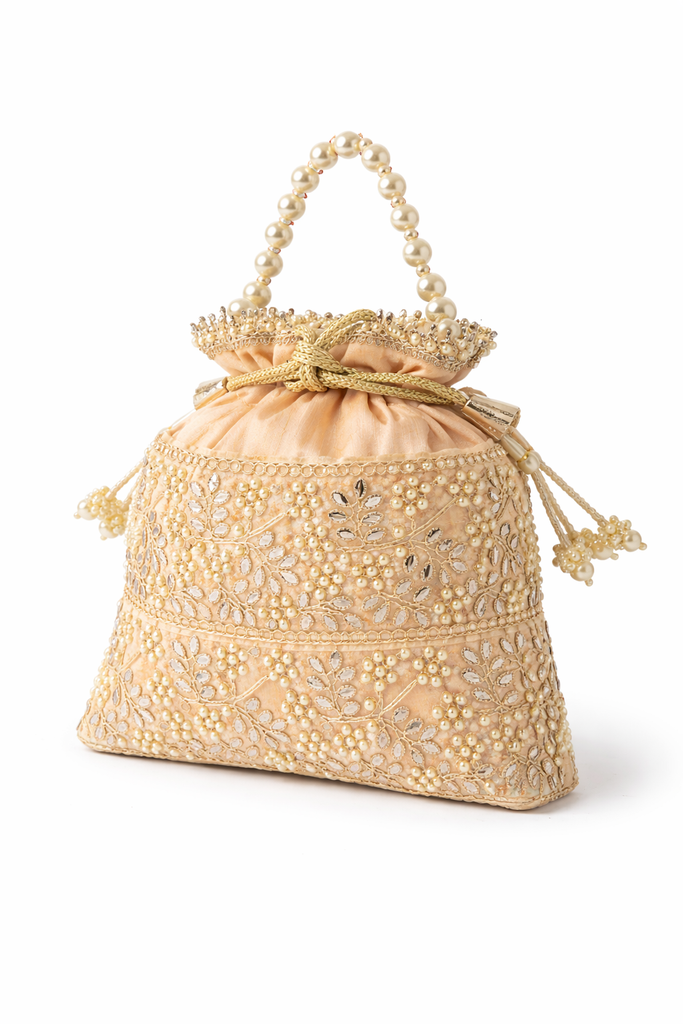 DMS RETAIL Designer Pearl Jadtar Potli Bag for Women | Embroidered Ethnic Clutch with Pearl Handle | Wedding, Bridal, Festive Potli Purse for Lehenga, Saree