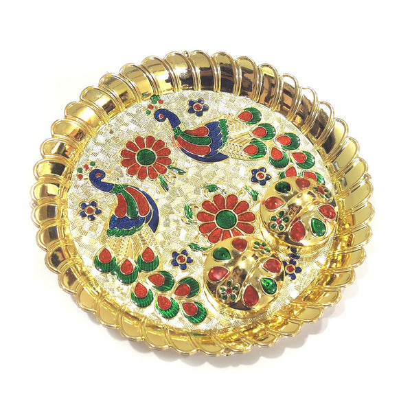 DMS RETAIL Minakari Work Peacock Shaped Pooja Thali with Fashionalble Kankavati, Decorative Items/Aarti Thali for Home Mandir | Temple | Diwali Decoration | Wedding | Home Décor