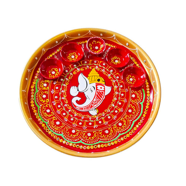 DMS RETAIL 12 Inch Balchandra Ganesha Multicolor Hand Paint Pooja Aarti Thali for Gift, Pooja Items for Home, Pooja Thali Set for Return Gifts, Diwali Pooja Thali Decorative