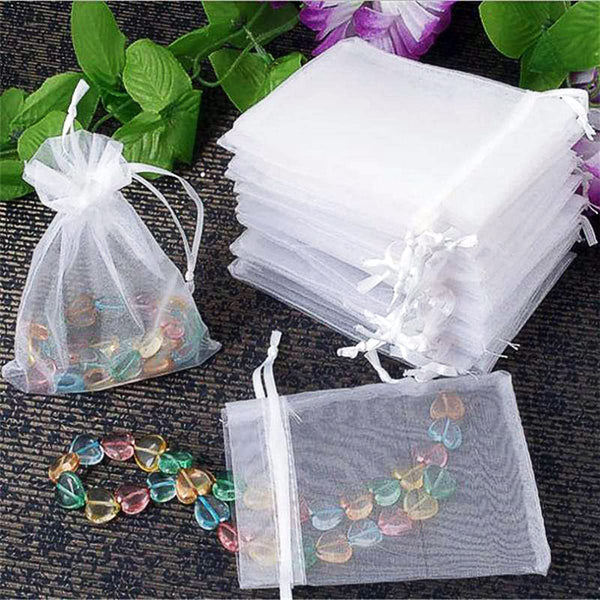 DMS RETAIL White Plain Organza Return Gift Bags|Drawstring Pouches For Wedding Plain Organza Bag Plain Pouches Sheer Net Tissue Poltis Pack Of 50 PCS (17X23 CMS)