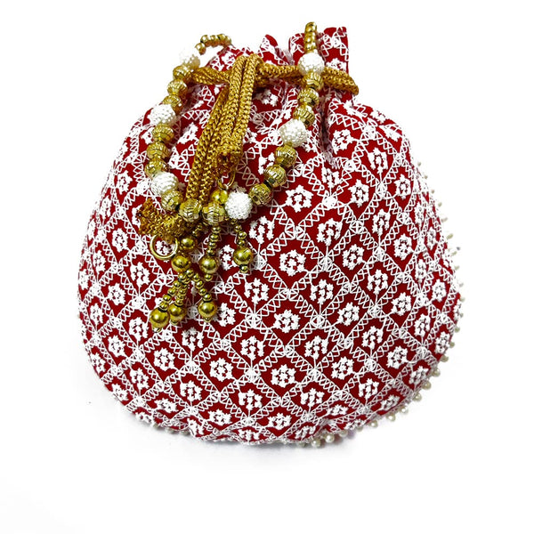 DMS RETAIL Chikankari Lucknowi Embroidered Potli Bags| Potli Bags for Ladies for Wedding with Pearl Drawstring (Maroon)