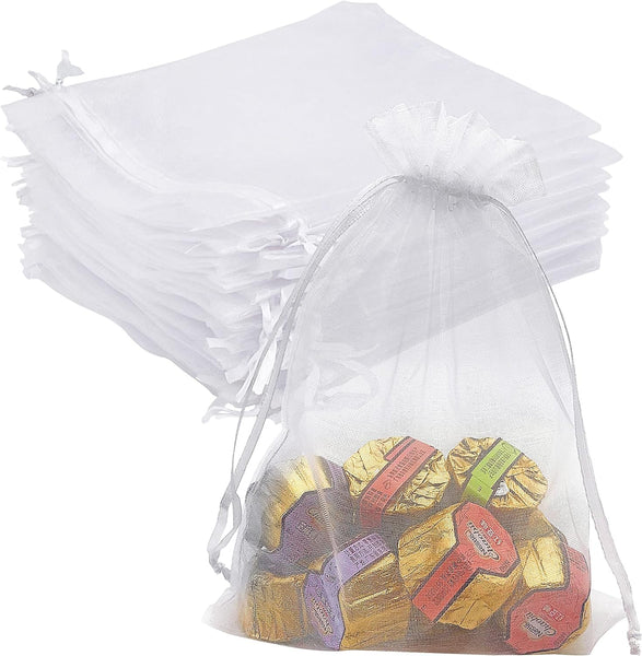 DMS RETAIL White Plain Organza Return Gift Bags|Drawstring Pouches For Wedding Plain Organza Bag Plain Pouches Sheer Net Tissue Poltis Pack Of 50 PCS (17X23 CMS)