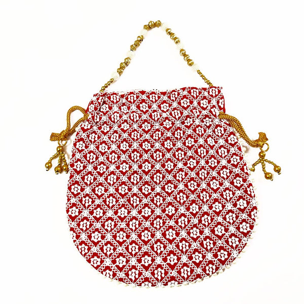 DMS RETAIL Chikankari Lucknowi Embroidered Potli Bags| Potli Bags for Ladies for Wedding with Pearl Drawstring (Maroon)