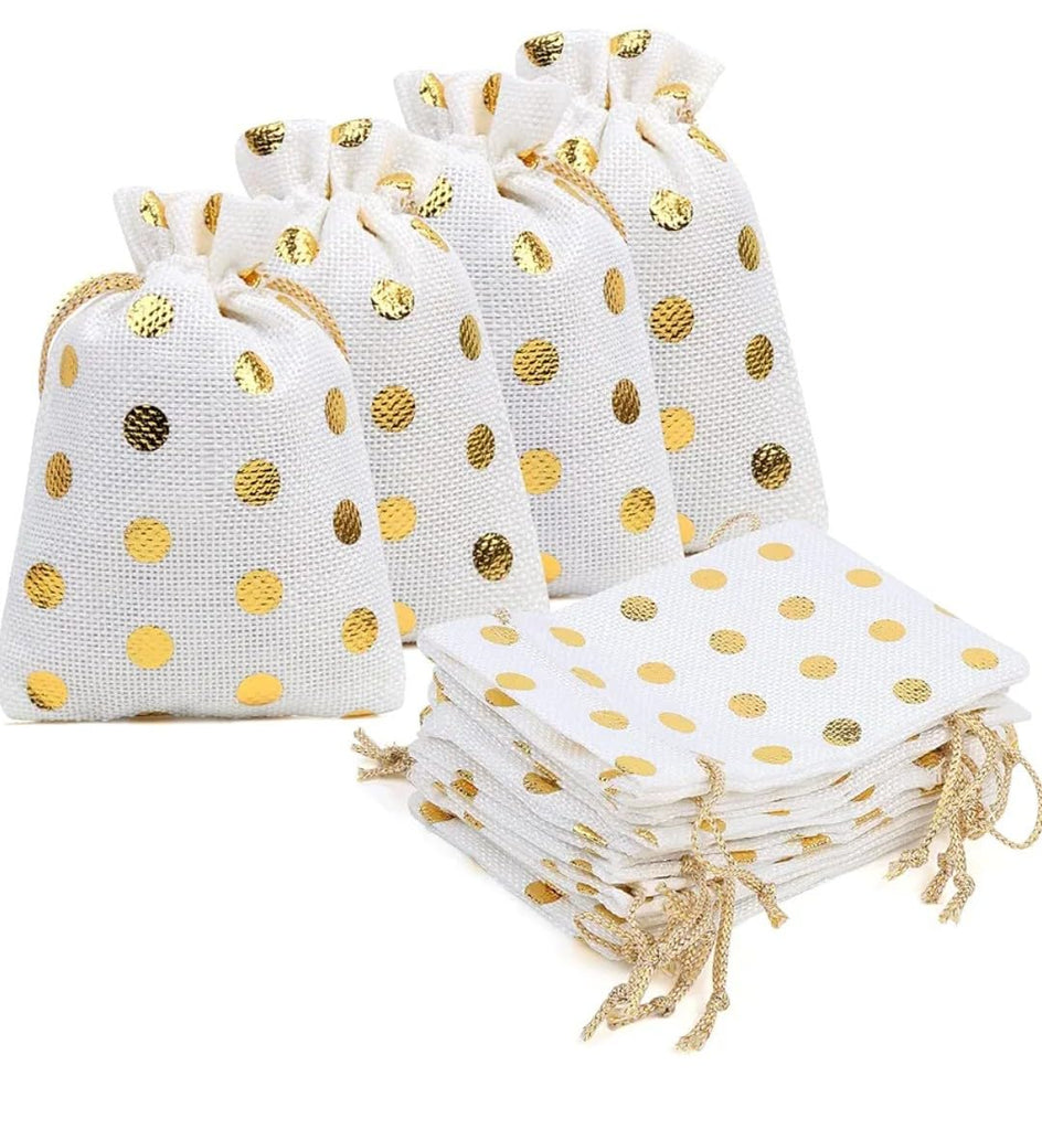 Premium Jute Potli Bags with Polka Dot Print – Festive & Gifting Use | Eco-Friendly Gift Pouches | Pack of 10
