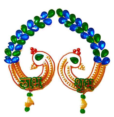 DMS RETAIL Multicolor Handcrafted Acrylic Stone Studded Peacock Shubh Labh - A Sticker for Door Decoration Or Floor Decoration Wall Decoration