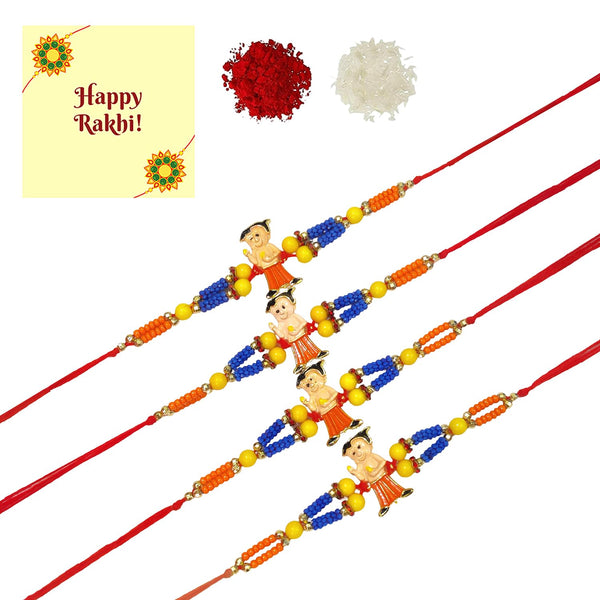 DMS RETAIL Multicolor Kids Woollen Thread Mauli Dhaga Rakhi for Brothers For Rakshabandhan Set Of 4 With Greeting Card And Roli Chawal