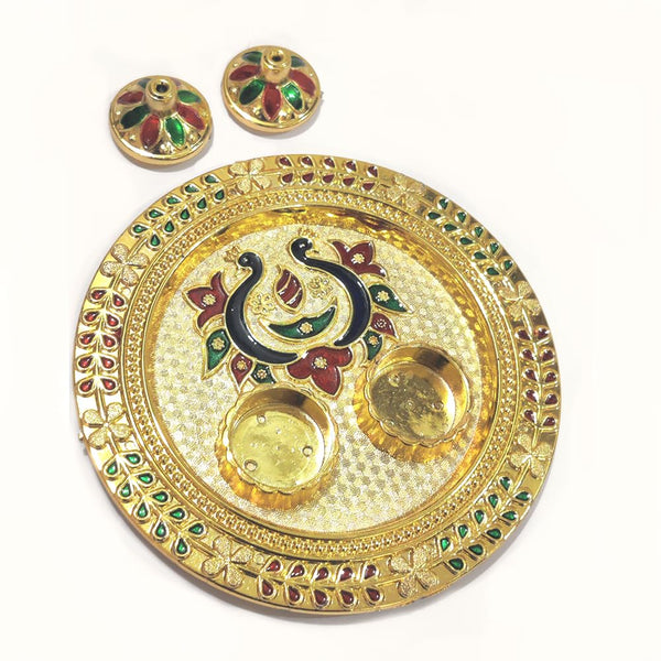 DMS RETAIL Golden Meenakari Peacock Handcrafted Acrylic Pooja Thali with Kumkum Holder Decorative Rakhi Thali|Engagement Thali|Rakshabandhan Thali|Tilak Thali