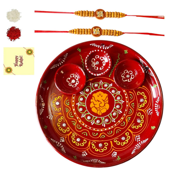 DMS RETAIL Combo Set of 2 Swastik Rakhi with Golden Pooja thali and Roli for Bro/Brother/Bhaiya/Bhai/Rakshabandhan Traditonal Rakhi Thali Combo (SWASTIKRAKHI-3HOLDERTHALI)