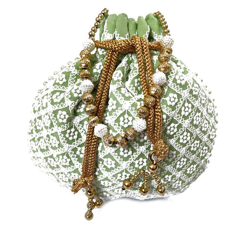 DMS RETAIL Chikankari Lucknowi Embroidered Potli Bags| Potli Bags for Ladies for Wedding with Pearl Drawstring (Pista Green)