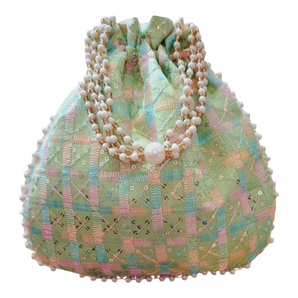 DMS RETAIL Handmade Checked Embroidery Potli | Embellished Satin Wristlet Bag for Women & Girls | Batwa Wallet | Clutch Bags for Return Gifts | Drawstring Closure Potli (GREEN)