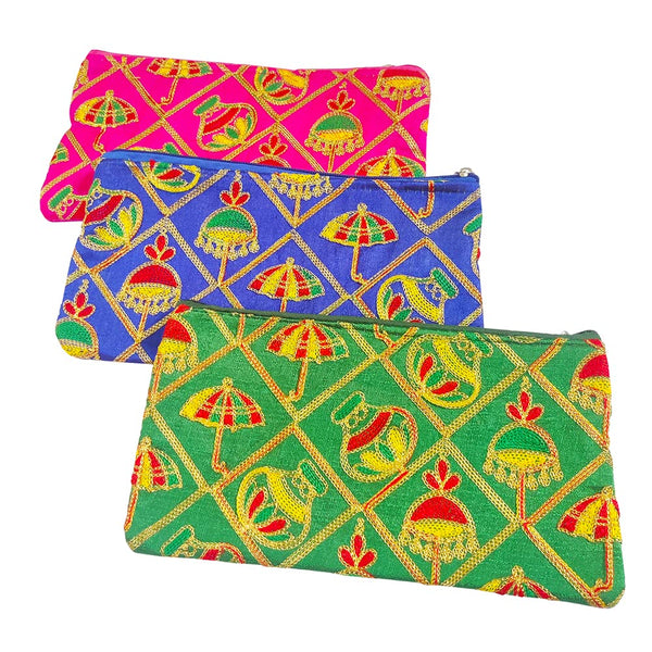 DMS RETAIL Traditional Umbrella Embroidery Purse for Women,Shagun Pouch,Return Gift For Wedding Mehndi Haldi Wedding Engagement Pooja Party Favor Bags Pack Of (3)