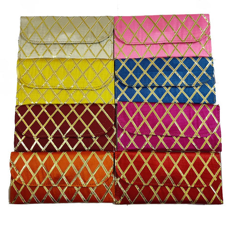 DMS RETAIL Gotapatti Raw Silk Purse Embellished Shagun Purse For Ladies, Return Gifts for Baby Shower, Cash Envelope for Women, Potli Bags for Gifts, Potli Clutch for Party Pack Of (10)