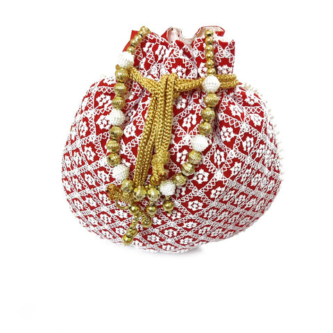 DMS RETAIL Chikankari Lucknowi Embroidered Potli Bags| Potli Bags for Ladies for Wedding with Pearl Drawstring (Maroon)