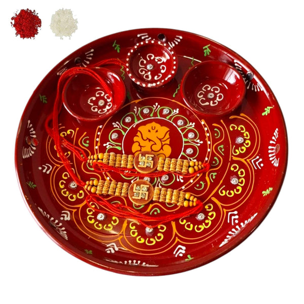 DMS RETAIL Combo Set of 2 Swastik Rakhi with Golden Pooja thali and Roli for Bro/Brother/Bhaiya/Bhai/Rakshabandhan Traditonal Rakhi Thali Combo (SWASTIKRAKHI-3HOLDERTHALI)