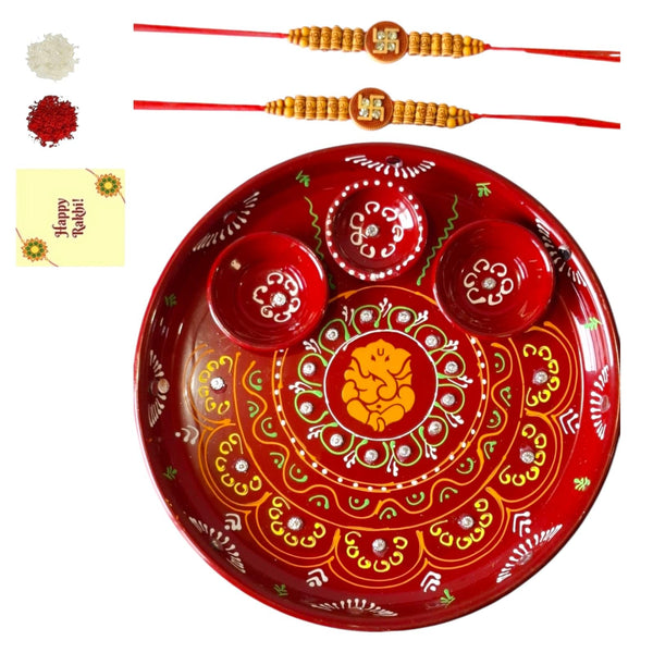 DMS RETAIL Combo Set of 2 Swastik Rakhi with Golden Pooja thali and Roli for Bro/Brother/Bhaiya/Bhai/Rakshabandhan Traditonal Rakhi Thali Combo (SWASTIKRAKHI-3HOLDERTHALI)