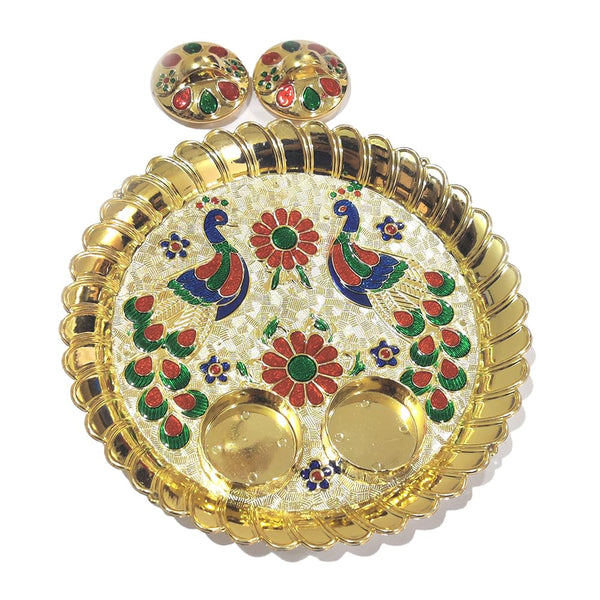 DMS RETAIL Minakari Work Peacock Shaped Pooja Thali with Fashionalble Kankavati, Decorative Items/Aarti Thali for Home Mandir | Temple | Diwali Decoration | Wedding | Home Décor