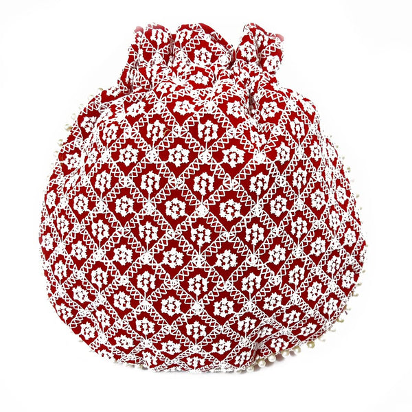 DMS RETAIL Chikankari Lucknowi Embroidered Potli Bags| Potli Bags for Ladies for Wedding with Pearl Drawstring (Maroon)