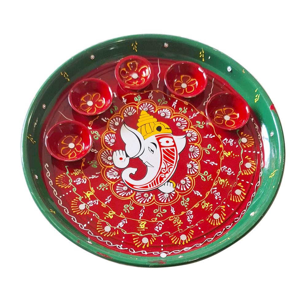 DMS RETAIL Alloy Bhuvanpati Ganesha Hand Paint Pooja Aarti Thali Set, Multicolour Pooja Decorative Items for Home, Occasional & Wedding Return Gift