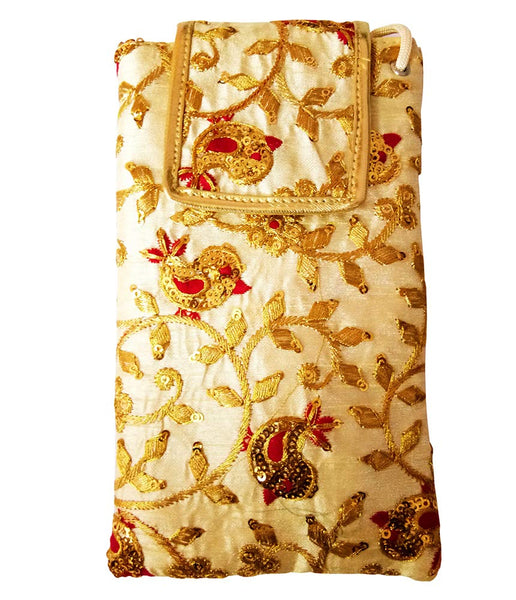 DMS RETAIL Golden Ethnic Pattern Embroidered Mobile Pouch for Women with Waist Clip and Belt