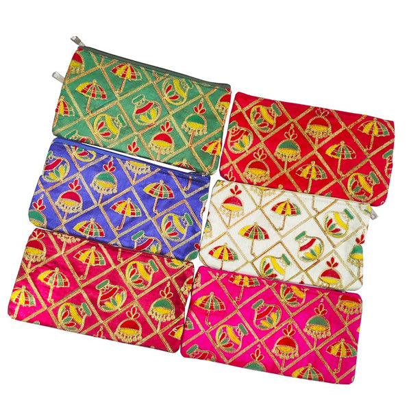 DMS RETAIL Traditional Umbrella Embroidery Purse for Women,Shagun Pouch,Return Gift For Wedding Mehndi Haldi Wedding Engagement Pooja Party Favor Bags Pack Of (3)