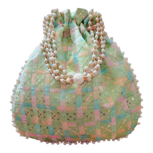 DMS RETAIL Handmade Checked Embroidery Potli | Embellished Satin Wristlet Bag for Women & Girls | Batwa Wallet | Clutch Bags for Return Gifts | Drawstring Closure Potli (GREEN)