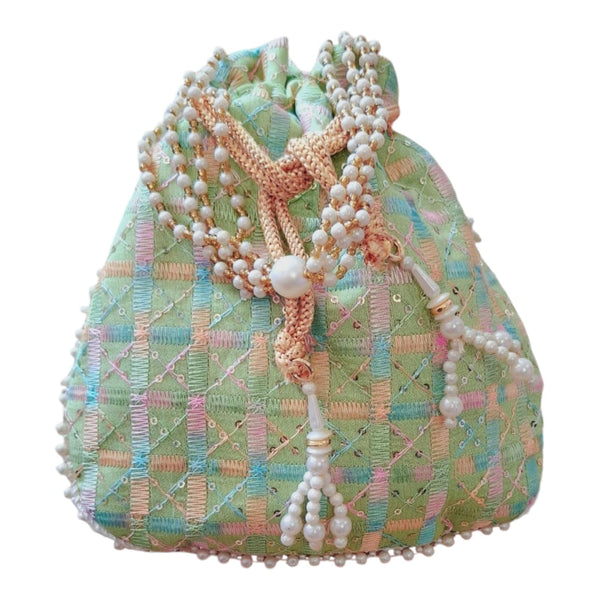 DMS RETAIL Handmade Checked Embroidery Potli | Embellished Satin Wristlet Bag for Women & Girls | Batwa Wallet | Clutch Bags for Return Gifts | Drawstring Closure Potli (GREEN)