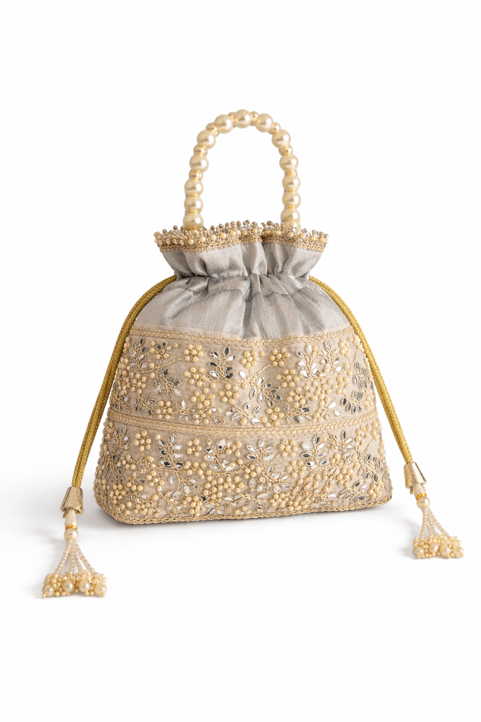 DMS RETAIL Designer Pearl Jadtar Potli Bag for Women | Embroidered Ethnic Clutch with Pearl Handle | Wedding, Bridal, Festive Potli Purse for Lehenga, Saree