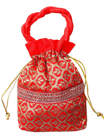 DMS RETAIL Women's Brocade Flower Design Work Potli Bag (Red)