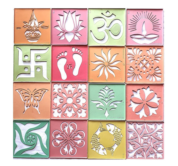 DMS RETAIL 12 Different Design Draw Rangoli Making Kit Rangoli Stamp Om Swastik Flower Design Colourful Rangoli Making Plastic Stencils 4 Inches