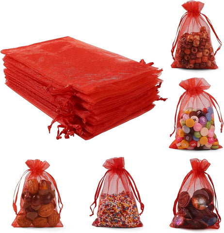 DMS RETAIL Return Gift Favors Organza Bags Shagun Potli Bags Wedding Party Favors Jewellery Packing Pouch Dry Fruit Pouch Sheer Plain Organza Candy Bags 16X23 Pack Of 20 (RED)