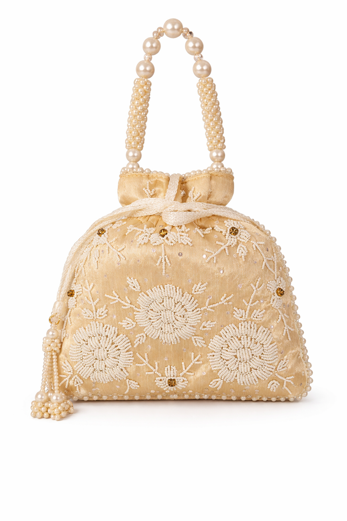 DMS RETAIL Velvet Women’s Hand Embroidered Pearl Work Potli Bag | Designer Silk Bridal Clutch with Beaded Handle & Tassel | Ethnic Wedding Potli Purse for Ladies