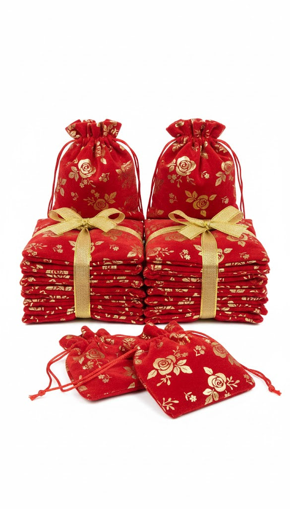 Dms Retail Rose Printed Red Velvet Gold Coin Potli Silver Coin Shagun