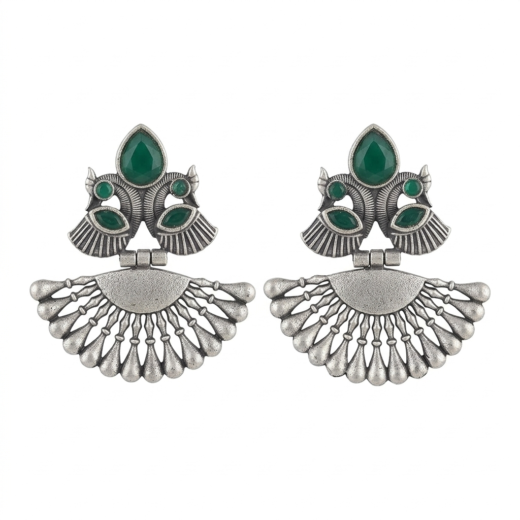 Antique Matte Silver Peacock Earrings for Women