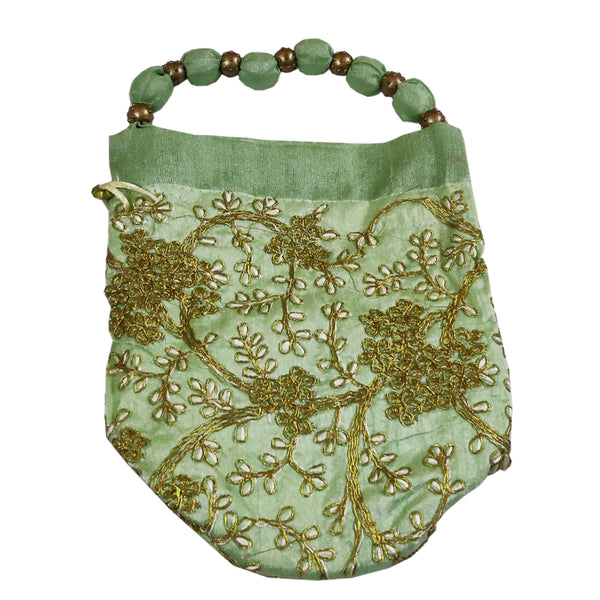 DMS RETAIL Raw-Silk Designer Polti Bag for Women with Golden Embroidery with Drawstring Potli Bag for Wedding (Pista Green)