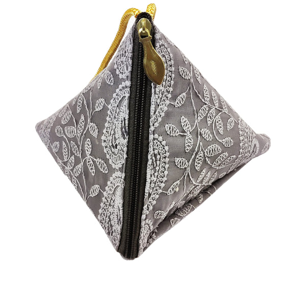 DMS RETAIL Lucknowi Embroidered Potli Bags in Samosa Shape Potli Pouches, Return Gifts for Women, Shagun Potli Purse for Gifting, Potli Bags for Ladies (Grey)
