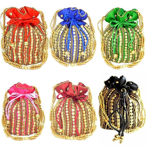 DMS RETAIL Women's Multi Color Potli Bag with Bead Work - Hand Purse/Clutch/Batwa potli Bags for Women & Girls - Pack of 6