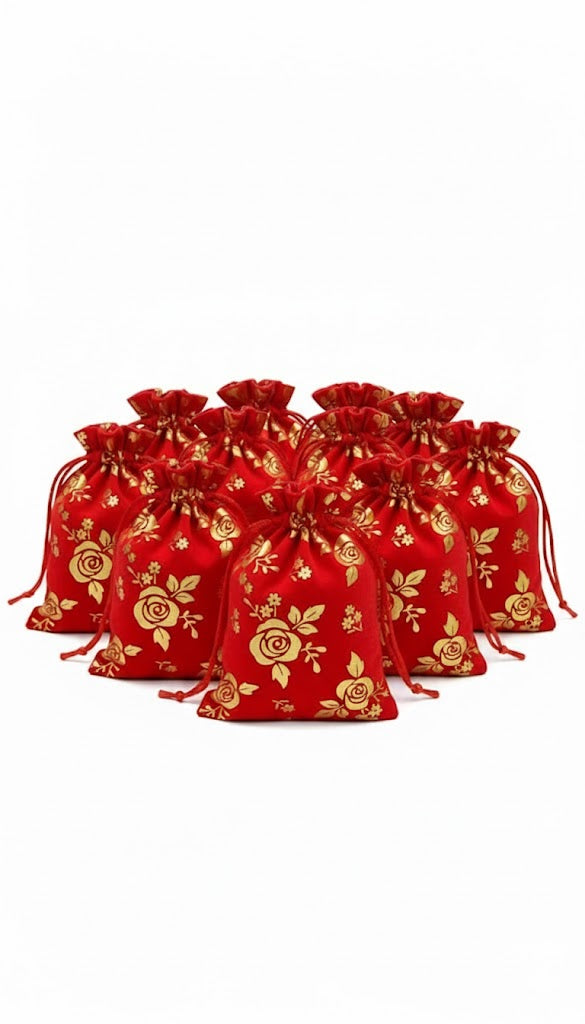 Dms Retail Rose Printed Red Velvet Gold Coin Potli Silver Coin Shagun