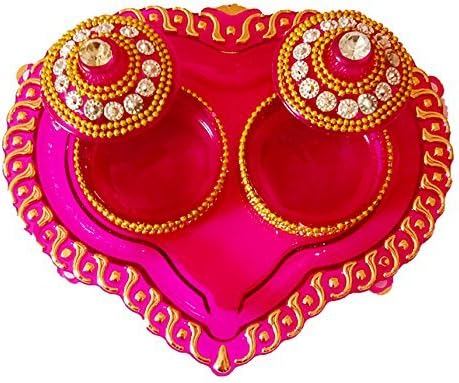 Acrylic Heart Shape Pooja Thali with 2 Kumkum Chawal Holder (Multi_2.5 Inch X 2.5 Inch X 2.5 Inch) dmsretail