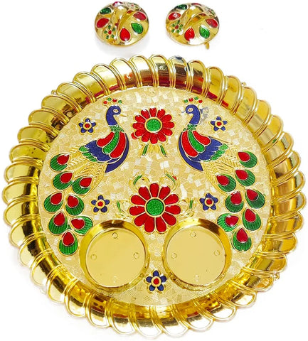 Acrylic Peacock Pooja Thali for All Indian Festival - Round shape Thali - Traditional Multicolour Stone Work - Light weight Puja Thali for Office and Home 7 INCH dmsretail