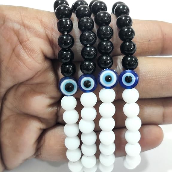 Black And White HANDMADE EVIL EYE NAZAR BRACELET HALF BLACK HALF WHITE BEADS - SET OF 12 dmsretail