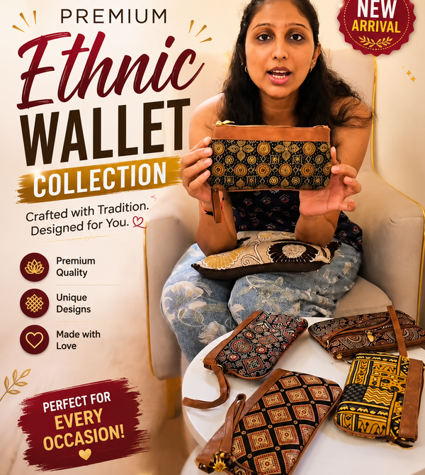 A woman seated in a white armchair holds a patterned clutch wallet, with several matching patterned wallets displayed on a white table in front. Large promotional text reads 'Premium Ethnic Wallet Collection' with 'New Arrival' and 'Shop Now' callouts.