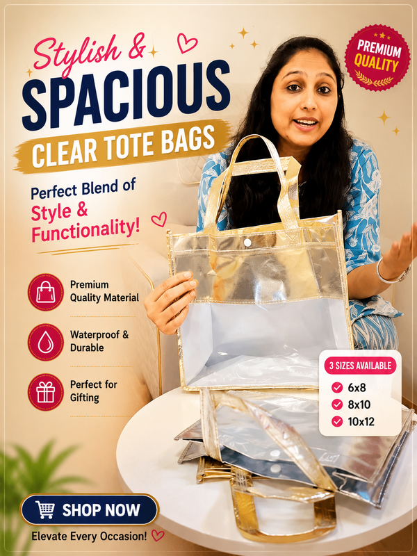 A promotional graphic for clear tote bags featuring a woman holding a transparent bag with metallic gold handles. The image includes text overlays highlighting the bags' features such as 'Stylish & Spacious', 'Clear Tote Bags', and 'Premium Quality', along with size options and a 'Shop Now' button.
