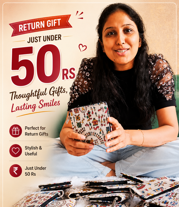 A promotional ad featuring a woman sitting on the floor holding a patterned wallet, with multiple matching patterned wallets scattered around her. Large text reads 'RETURN GIFT JUST UNDER 50 RS' and includes 'Thoughtful Gifts, Lasting Smiles' plus an 'ORDER NOW!' WhatsApp and DM order callout.